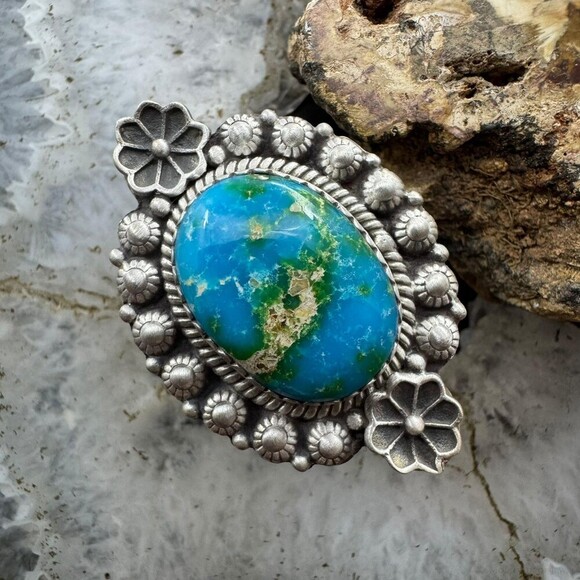 Sterling Southwestern Style Sonora Gold Turquoise Decorated Adjustable Ring #3 - Picture 1 of 10